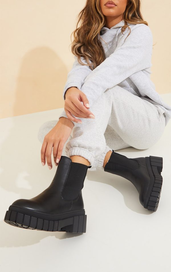 Black PU Cleated Chelsea Ankle Chunky Boots