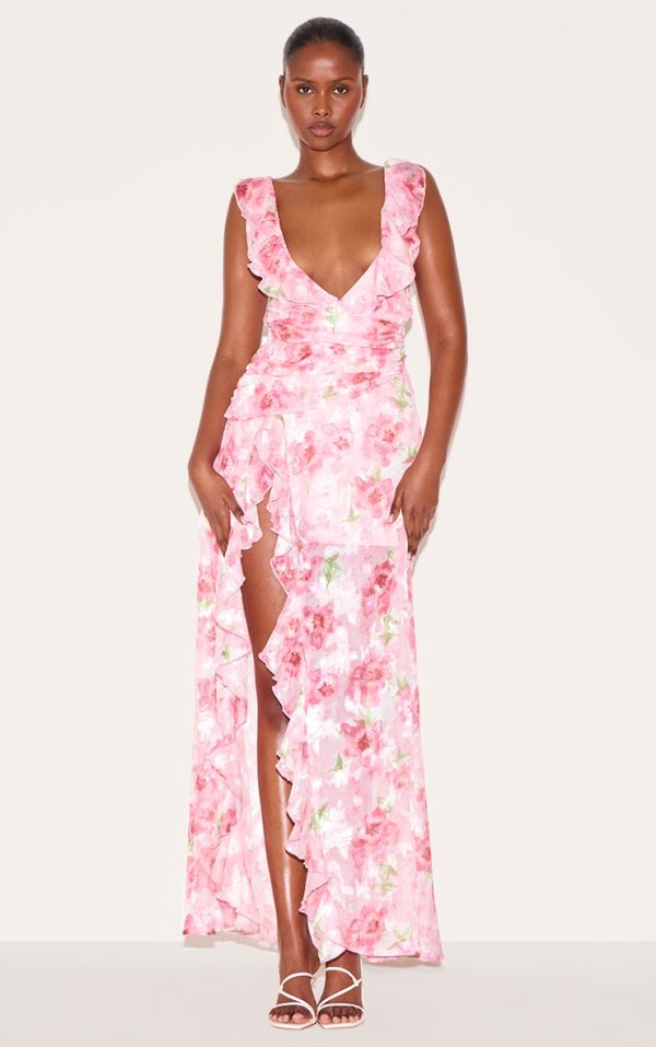 Pink Floral Chiffon Frill Plunge Strappy Maxi Dress