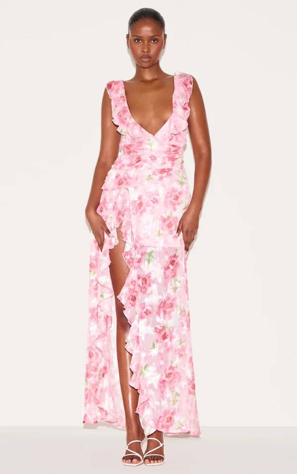 Pink Floral Chiffon Frill Plunge Strappy Maxi Dress