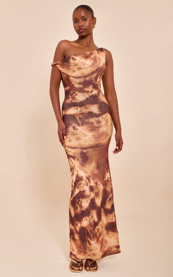 Brown Double Layered Chiffon Asymmetric Maxi Dress