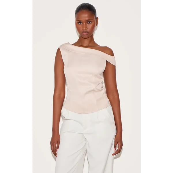 Ecru Asymmetric Fold Over Detail Top