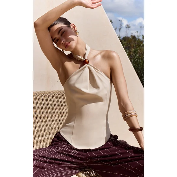 Ecru Bead Detail Woven Halterneck Top