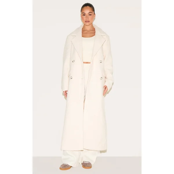 Ecru Boucle Double Breasted Structured Maxi Coat