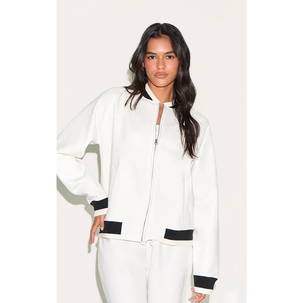 Ecru Contrast Seam Sweat Bomber Jacket