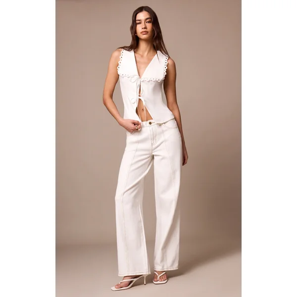 Ecru Contrast Stitch Detail Mid Rise Jeans