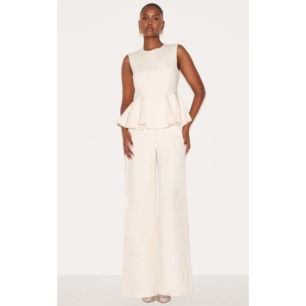Ecru Cotton Peplum Detail Wide Leg Jumpsuit