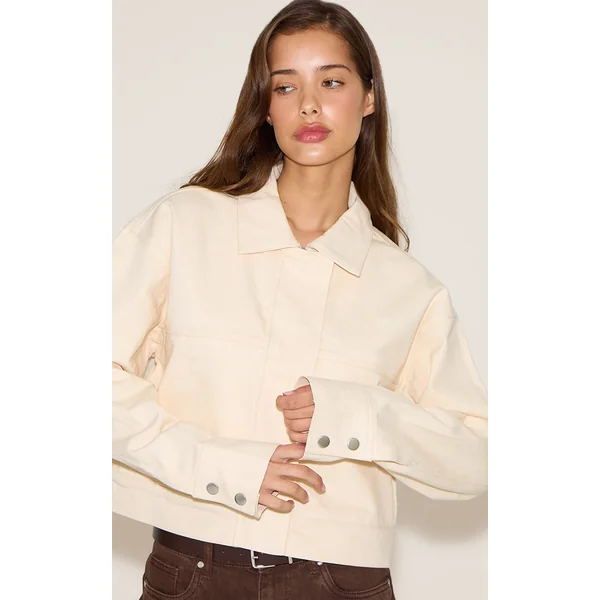 Ecru Covered Placket Cropped Twill Jacket