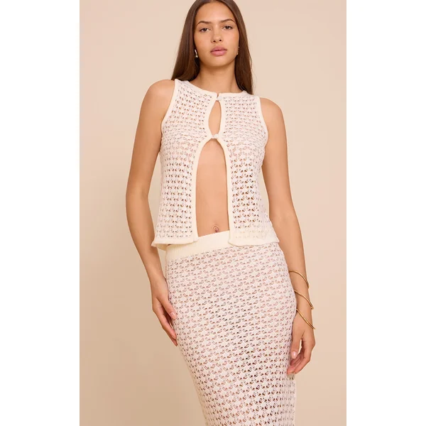 Ecru Crochet Knit Cut Out Pearled Button Vest Top