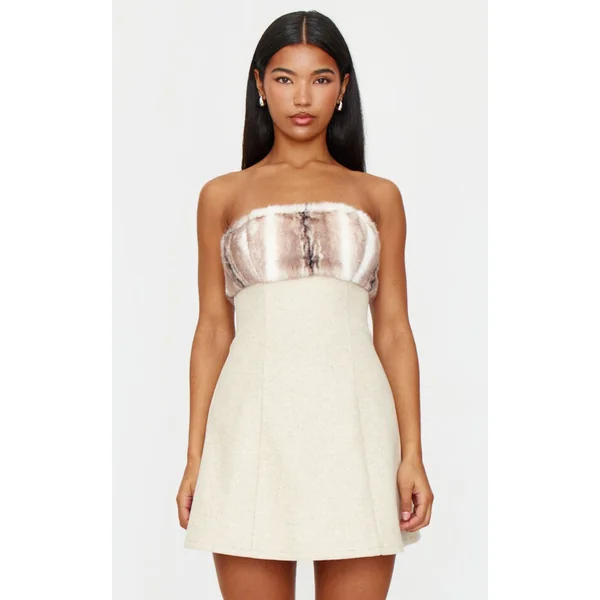 Ecru Faux Fur Trim Wool Look A line Dress