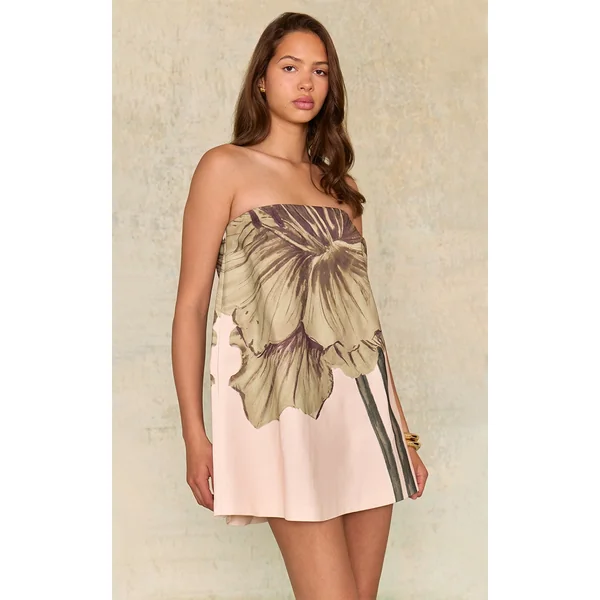 Ecru Floral Printed Bandeau A-line Dress