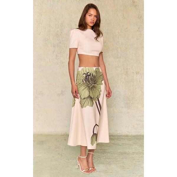 Ecru Floral Printed Midaxi Skirt