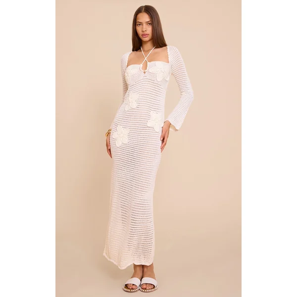 Ecru Flower Applique Long Sleeve Crochet Maxi Dress