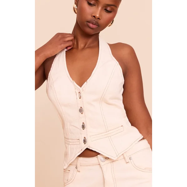 Ecru Halterneck Denim Vest