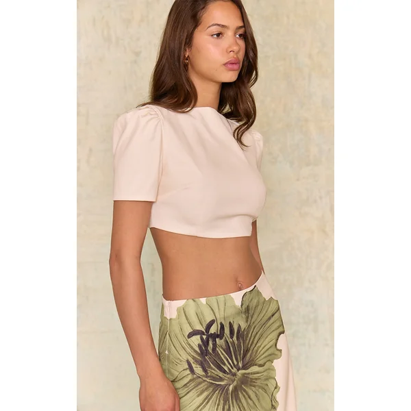 Ecru Look Puff Sleeve Crop Top
