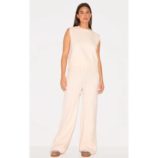 Ecru Marl Soft Knit Wide Leg Pants