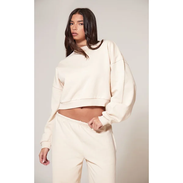 Ecru Premium Basic Crew Neck Cropped Sweatshirt