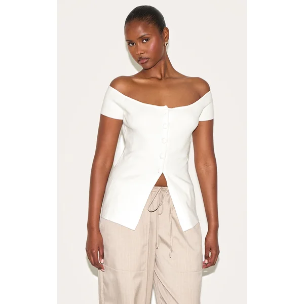 Ecru Rib Knit Button Up Bardot Split Hem Top