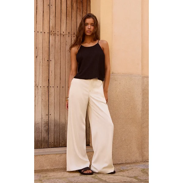 Ecru Satin Tailored Detail Wide Leg Pants