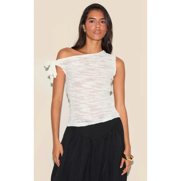 Ecru Sheer Bobble Crochet Asymmetric Tie Top