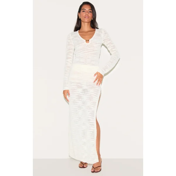 Ecru Sheer Bobble Crochet Side Split Maxi Skirt