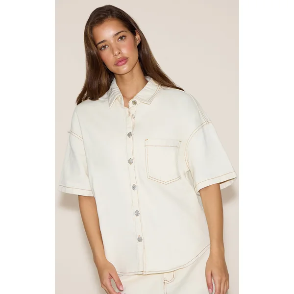 Ecru Short Sleeved Boxy Style Denim Shirt