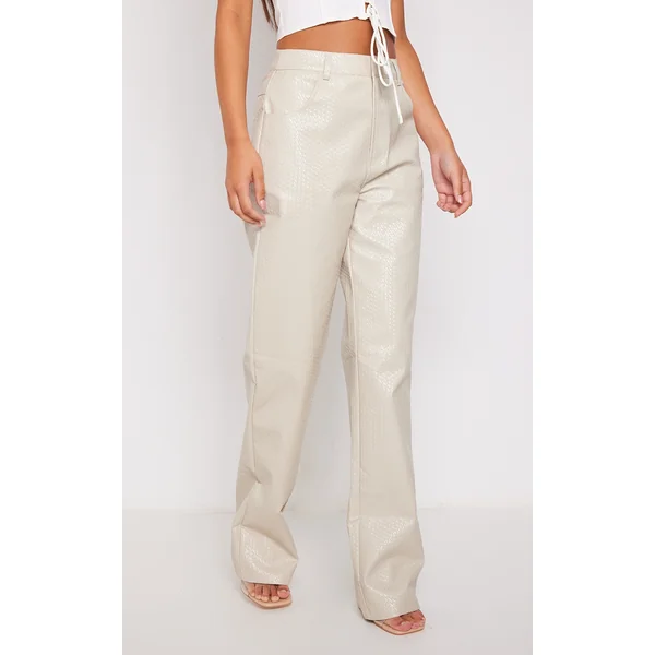 Ecru Textured Faux Leather Straight Leg Pants