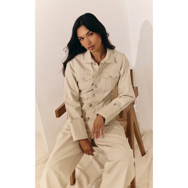 Ecru Turn Up Cuff Cinched Back Denim Jacket