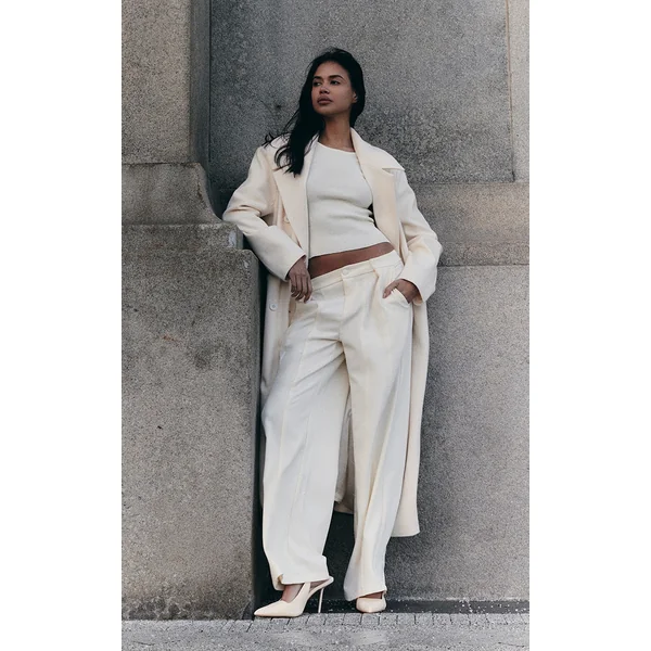 Ecru Wool Look Double Breasted Oversized Maxi Coat