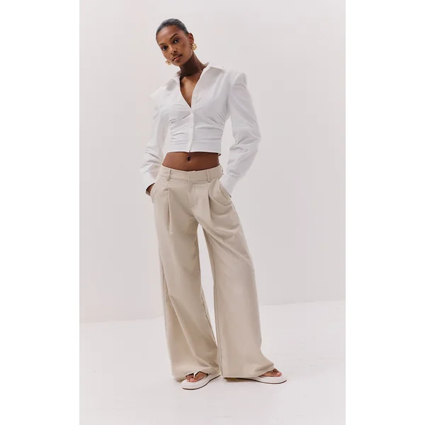 Ecru Woven Double Pleat Wide Leg Pant