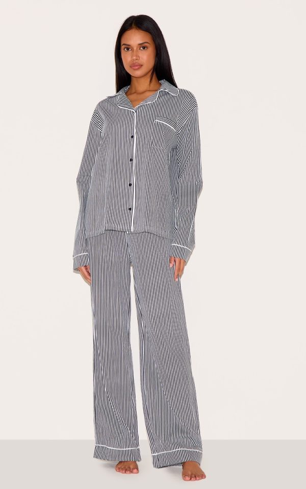 Navy Stripe Print Jersey Piping Detail Long Pj Set