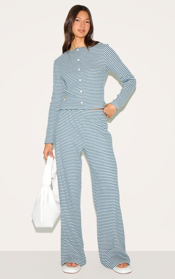 Blue Brushed Rib Striped Mid Rise Wide Leg Pants