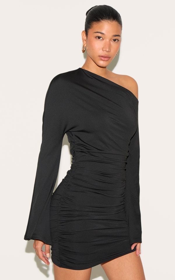 Black Soft Touch Ruched Long Sleeve Mini Dress