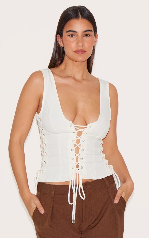 Cream Woven Lace Up Detail Plunge Sleeveless Top