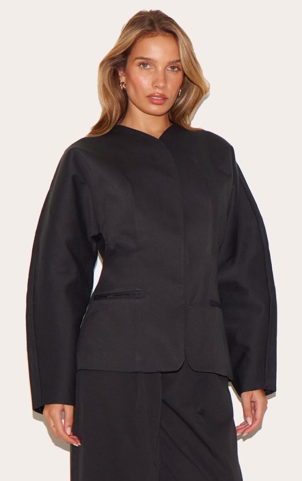 Black Premium Woven Tailored Collarless Blazer