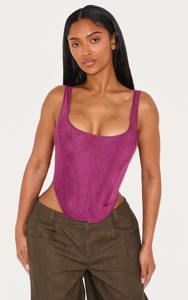 Shape Wine Mesh Square Neck Corset Top