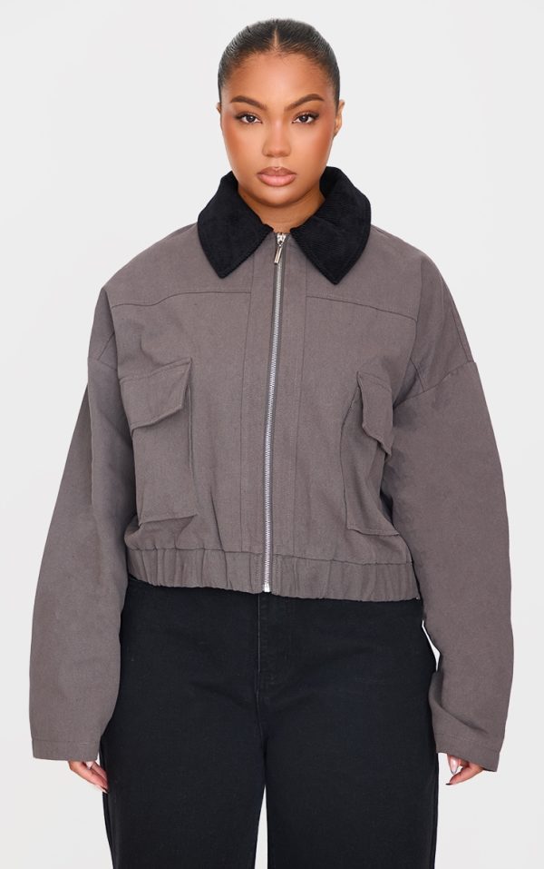 Plus Dark Grey Contrast Collar Twill Jacket