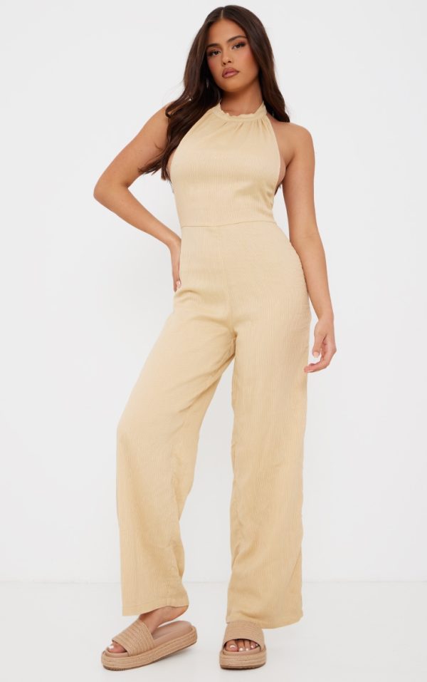 Camel Textured Halterneck Low Back Jumpsuit