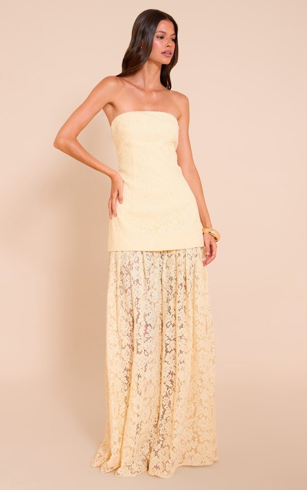 Lemon Lace Sheer Skirt Panel Bandeau Midaxi Dress