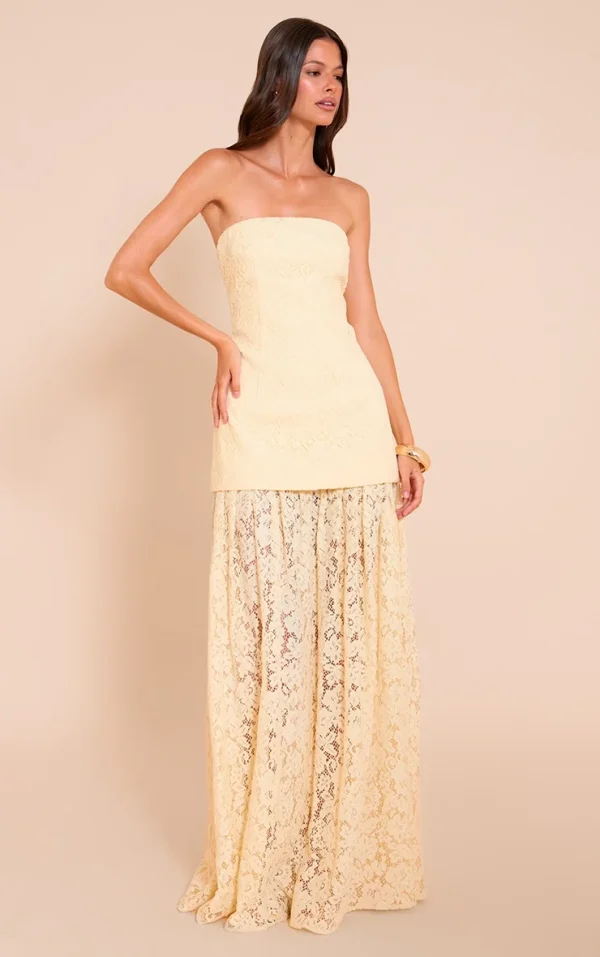 Lemon Lace Sheer Skirt Panel Bandeau Midaxi Dress