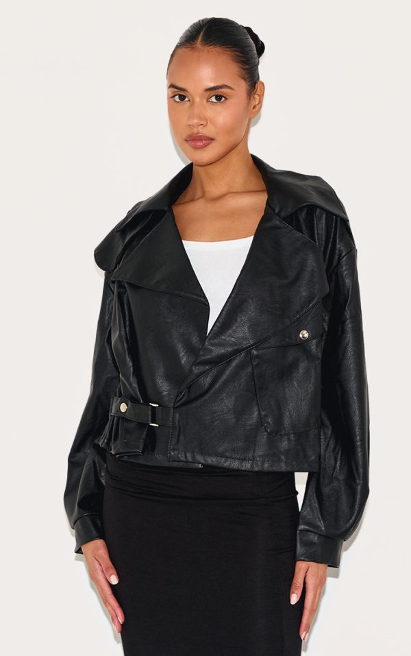 Black Textured Look Faux Leather Biker Jacket