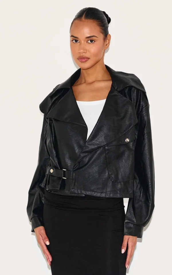 Black Textured Look Faux Leather Biker Jacket