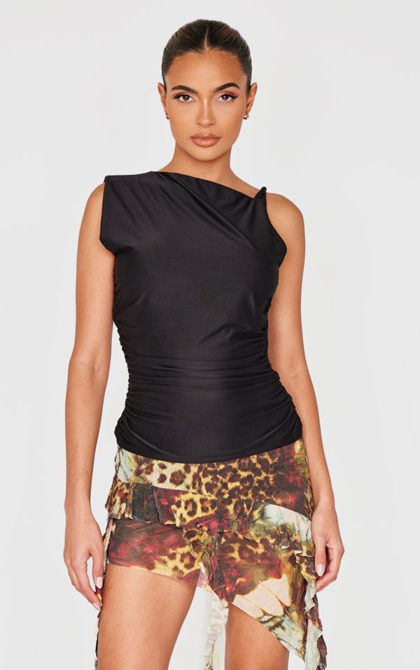 Black Slinky Ruched Twist Strap Detail Long Top