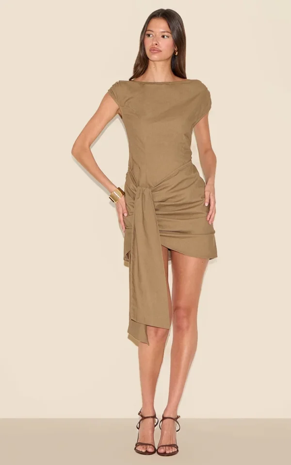 Khaki Wrap Detail Boatneck Bodycon Dress