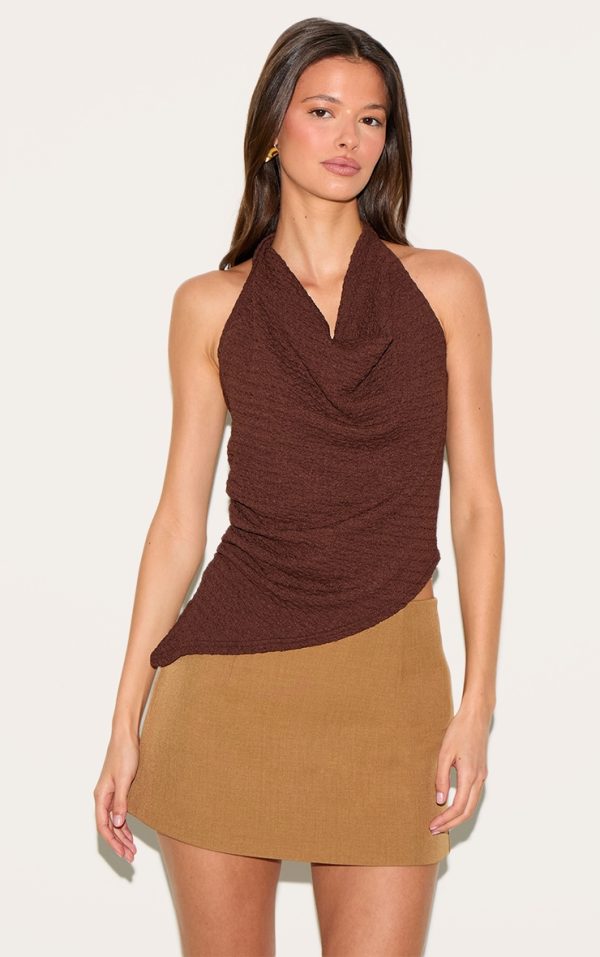 Chocolate Textured Cowl Neck Asymmetric Hem Long Top