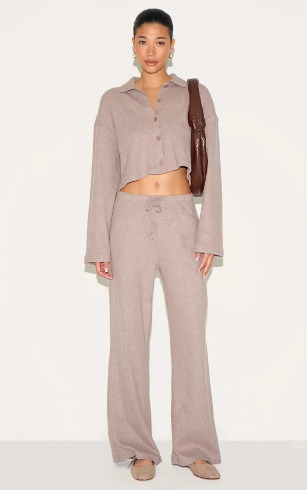 Mushroom Brushed Rib Drawstring Wide Leg Pants