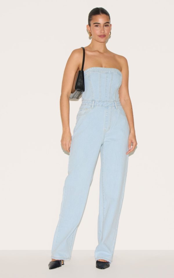 Light Blue Wash Bandeau Denim Jumpsuit