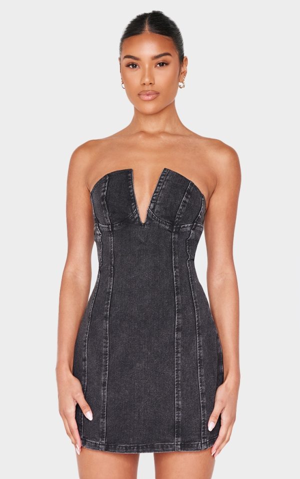 Black Plunge Detail Strapless Denim Mini Dress