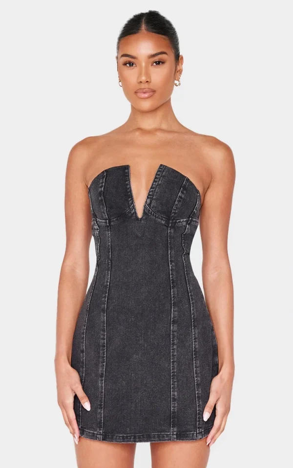 Black Plunge Detail Strapless Denim Mini Dress