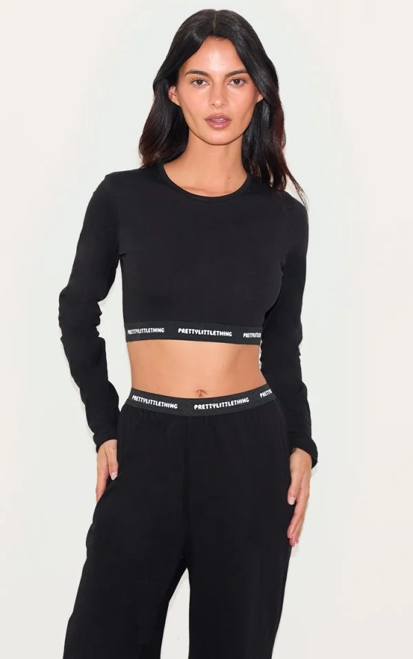 PRETTYLITTLETHING Tape Black Long Sleeve PJ Top