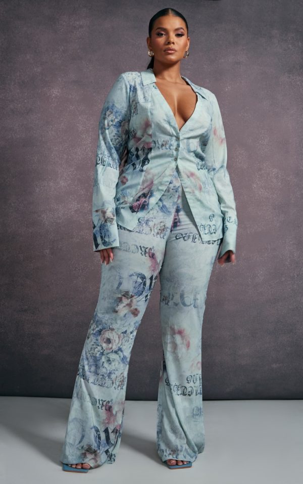 Plus Blue Vintage Floral Print Chiffon Flare Pants